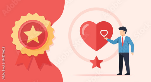 Customer Satisfaction and Quality Assurance Concept: Man with Heart and Award Badge