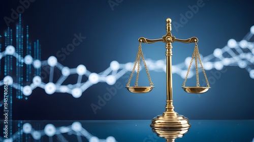 Gold Scales of Justice Against a Blue and White Data Background