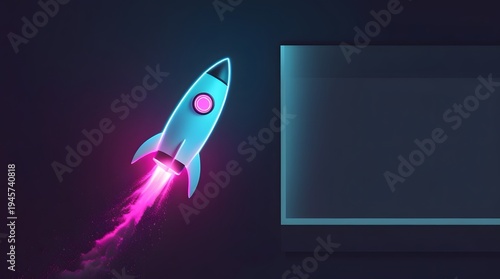 Digital Rocket Launching with Colorful Trail in Futuristic Background