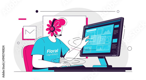 Customer Support Operator with Headset Working on Computer, Digital Interface