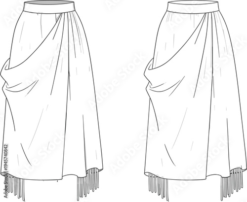 Fashion design sketches of draped skirts with pleats, cascading fabric, gathered waistbands, and fringe hem detail in black and white