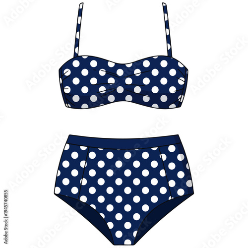 Navy White Polka Dot Bandeau High Waisted Bikini Vector Illustration