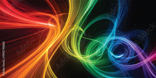 A dynamic abstract colorful background features futuristic neon lines and fractal patterns swirling through black space with bright blue light energy and motion