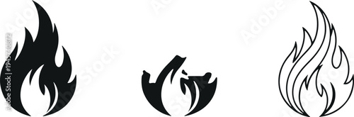 Fire flame icon vector set with solid and outline burning shapes isolated on light background for heat, energy, danger, warning, and logo design