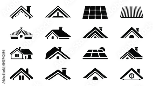 A collection of house roof and roofing service icons.