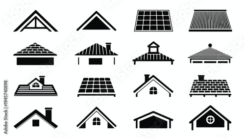 A collection of house roof and roofing service icons.