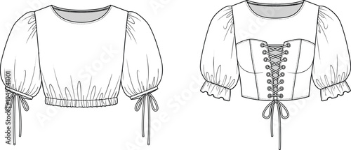 Fashion illustration of cropped puff-sleeve blouse with elastic hem and corset-style lace-up blouse with ruffled cuffs and round neckline