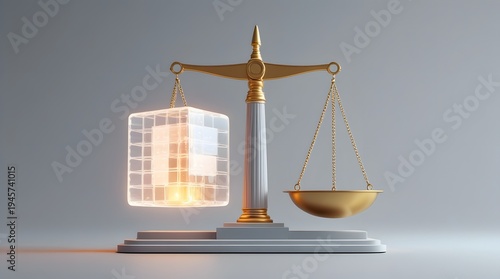 Modern Balance Scale with Light Cube and Gold Bowl for Justice Themes