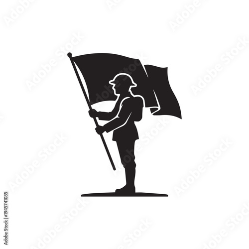 Soldier Silhouette Holding Flag Military Veteran Symbol Black and White.
