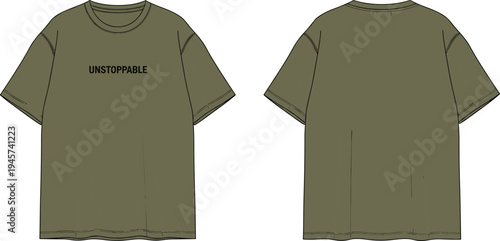 Minimal olive green t-shirt mockup with unstoppable text slogan, front and back view casual apparel design isolated on white background