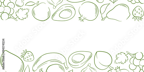 Fruit border with banana, avocado, grapes, strawberry, peach and pear in line art style. Illustration on white background for food package, menu, card, flyer and healthy design.