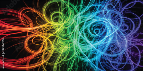 Abstract fractal art wallpaper featuring colorful futuristic lines and swirls of light energy in a black space backdrop with a flowing wave motion