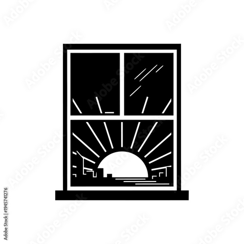 Sunrise Over City Skyline Viewed Through Window Silhouette