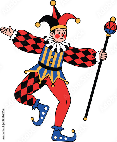 Colorful Medieval Jester Character Holding Staff in Harlequin Costume for Carnival, Circus, Theater Performance, and Entertainment Vector Illustration