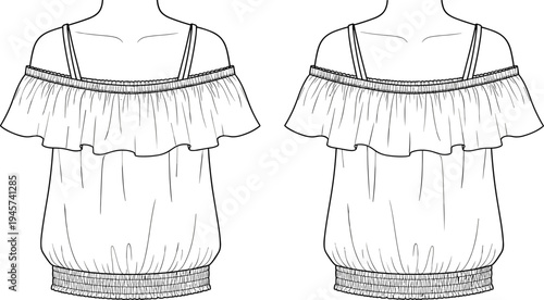 Off-shoulder top technical drawing with ruffle detail and elastic waistband, fashion flat sketch front and back view, women's clothing design template illustration