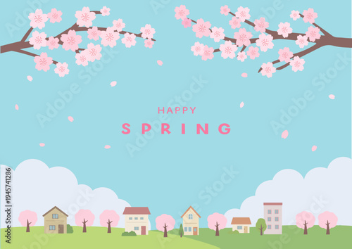 春のバナーイラスト　桜と家のイラスト　背景