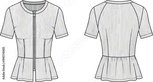 Ribbed knit top technical drawing with front zipper closure and peplum hem, short sleeve fashion flat sketch front and back view template