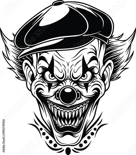 Creepy Evil Clown Face with Hat in Dark Vintage Engraving Style Illustration for Horror, Halloween, Carnival, and Tattoo Design