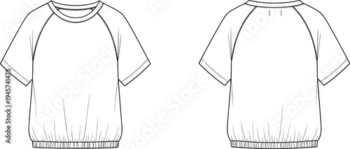 Technical fashion flat sketch of short sleeve raglan shirt with round neckline, elasticated hem, seam detailing, and gathered construction