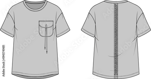 Technical fashion flat sketch of modern short sleeve t-shirt with chest pocket flap, drawstring detail, and back zipper design