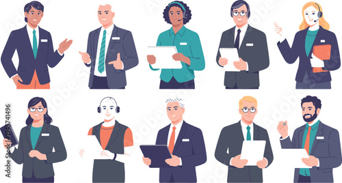 A diverse group of business professionals are standing and interacting in an office setting with various devices and documents.