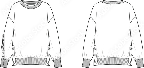 Technical fashion flat sketch of women’s long sleeve sweater with ribbed crew neckline, puff sleeves, buttoned side panels, and structured seams