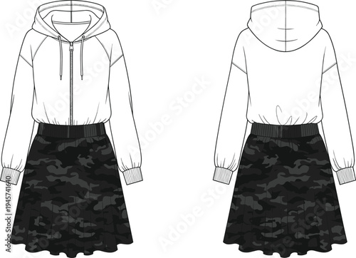 Technical fashion flat sketch of women’s hooded zip-up sweatshirt with drawstring paired with camouflage pleated skirt featuring elastic waistband