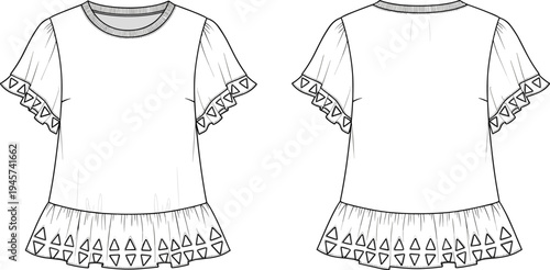 Technical fashion flat sketch of women’s short sleeve top with flared ruffle hem, triangular cut-out trim, and round ribbed neckline