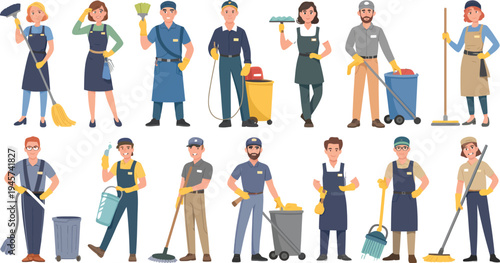 A modern vector illustration set featuring various people in different work uniforms holding cleaning tools and equipment in an indoor setting.