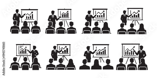Business presentation audience icon set. Seminar training conference meeting. Vector illustration