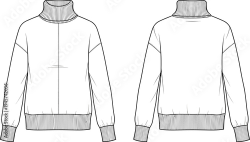 Technical fashion illustration of long‑sleeved women’s turtleneck sweater with ribbed collar, cuffs, waistband, center seam, front and back views