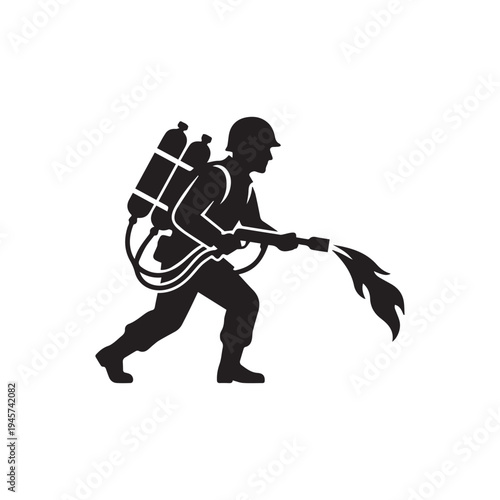 Soldier Silhouette with Flamethrower - Firefighter Army Man War Symbol.