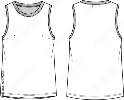 Technical fashion illustration of sleeveless women’s tank top with round neckline, ribbed trim armholes, curved hemline, double stitching, front and back views