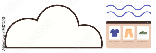Cloud computing, e-commerce, online shopping, digital storage, retail technology, data management. A cloud icon with an e-commerce interface and product samples. Cloud computing and e-commerce