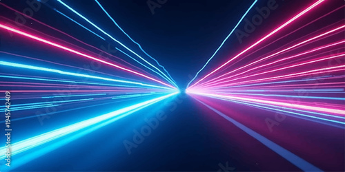 A dynamic night highway background features neon light trails and motion blur lines that create a fast racing technology wallpaper with glowing waves of energy and abstract speed art