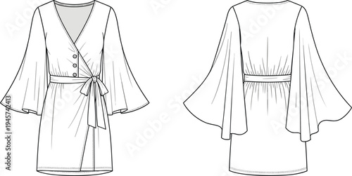 Technical fashion illustration of women’s wrap dress with V-neckline, flared bell sleeves, tied waist belt, front and back views