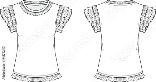 Technical fashion illustration of women’s ruffled top with round neckline, layered ruffle sleeves, ruffled hemline, feminine decorative style, front and back views