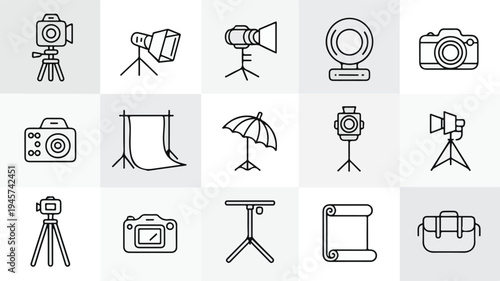 A collection of professional photography and videography equipment icons.