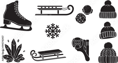 Winter Sports and Accessories Icon Set in Black Silhouette