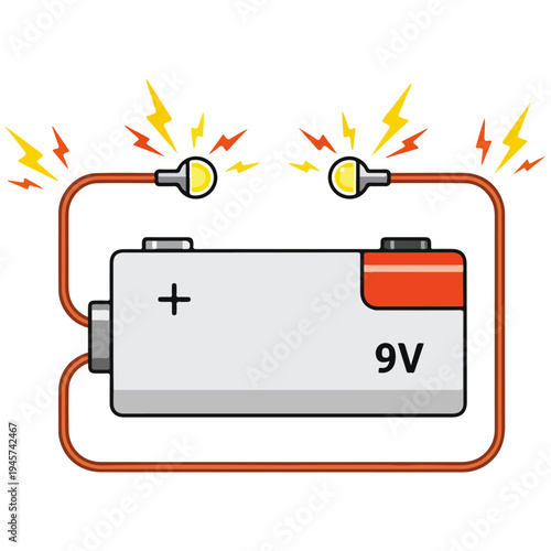 9v Battery Simple Circuit Flat Vector Illustration