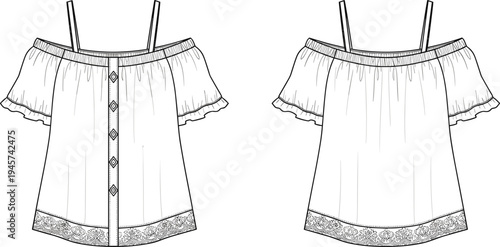 Technical fashion illustration of women's off-shoulder top with thin straps, button placket, flutter sleeves, and lace trim hem, flat sketch design.