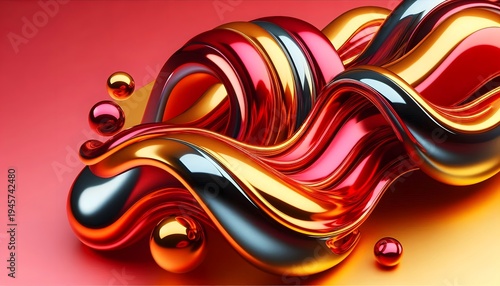 Vibrant Abstract Waves with Glossy Spheres in Bold Color Palette