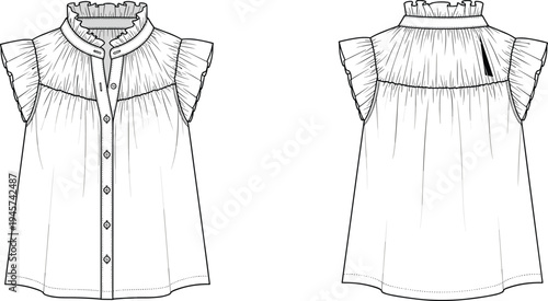 Technical fashion illustration of women's blouse with ruffled collar, button front, flutter sleeves, gathered yoke, front and back view flat sketch design