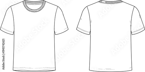 Technical flat sketch of short sleeve crew neck t-shirt front and back view fashion design illustration for garment production template