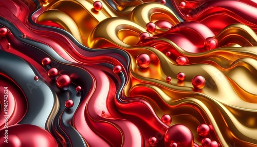 Colorful Waves of Red, Gold, and Black Fluid Motion Abstract Art