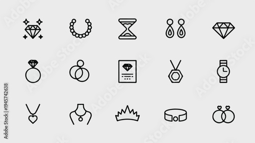 A collection of elegant jewelry and accessory line icons.