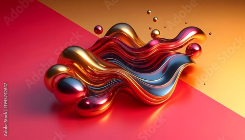 Abstract Flowing Shapes with Metallic Finish and Colorful Background