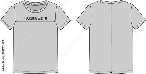 Technical flat sketch of short sleeve crew neck t-shirt front and back view with neckline width measurement fashion design template