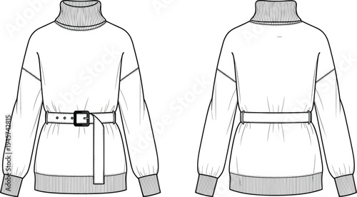 Technical flat sketch of women’s belted sweater front and back view with turtleneck ribbed cuffs dropped shoulders fashion garment design
