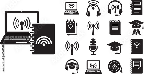 Online learning and education technology icons and symbols set